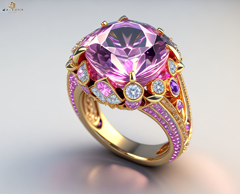 Exquisite Gold Ring with Pink Gemstone & Diamonds