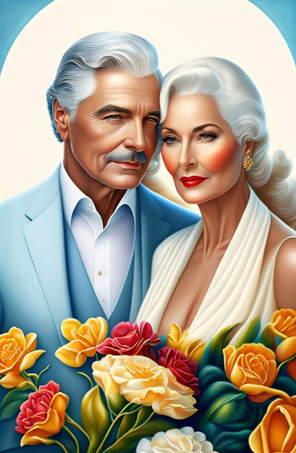 Elderly Couple in Light Blue and White Outfits Holding Roses