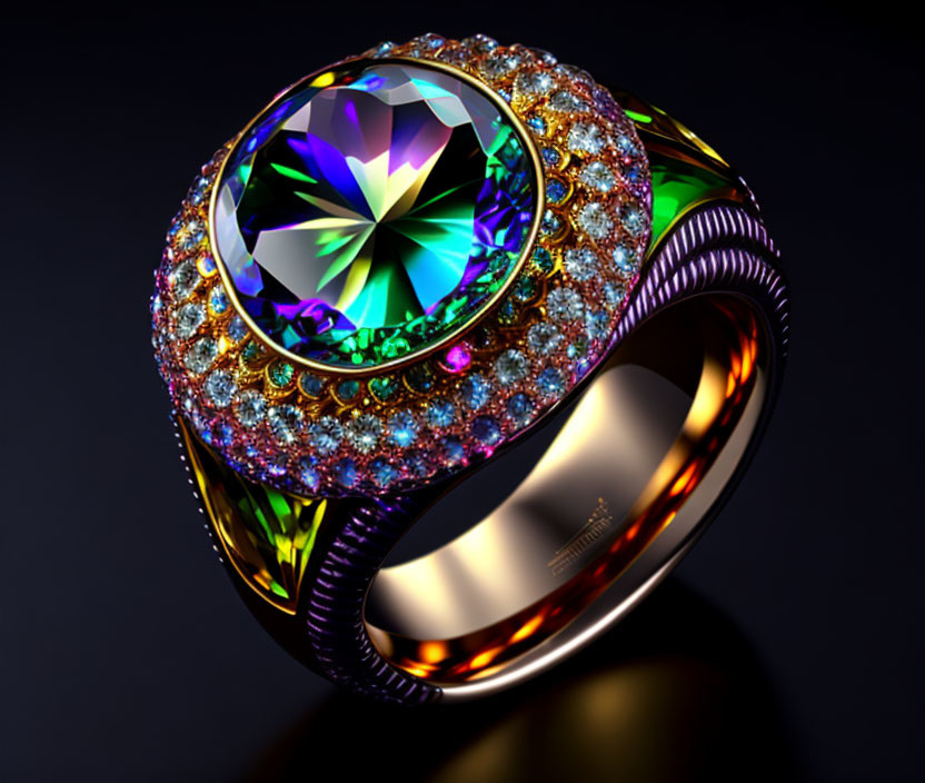 Multicolored Gemstone Ring with Diamonds on Dark Background