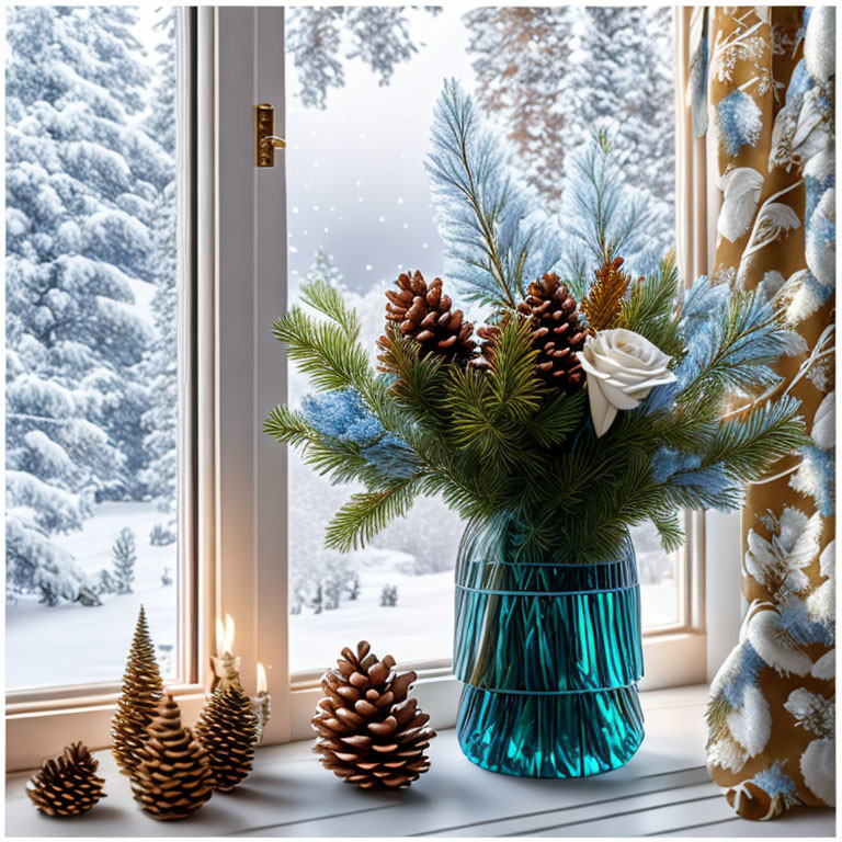 Winter-themed bouquet with pinecones and evergreen branches in blue vase on windowsill.