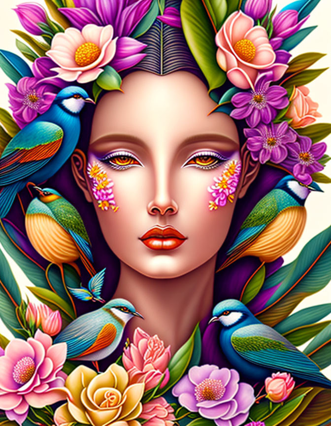 Vibrant digital artwork: serene female face with flowers and birds