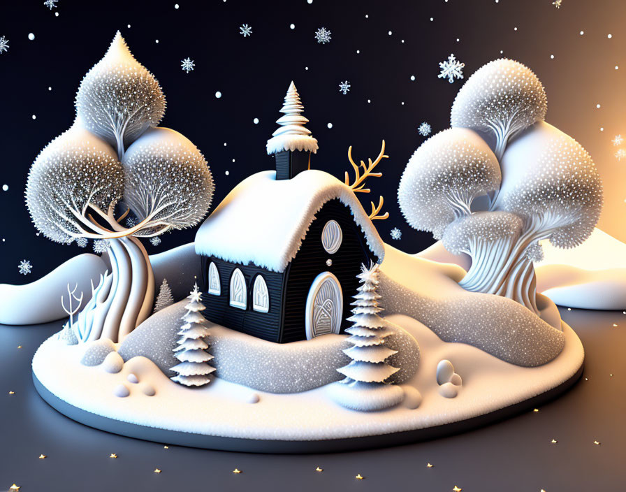 Snow-covered cottage and stylized trees in whimsical winter scene