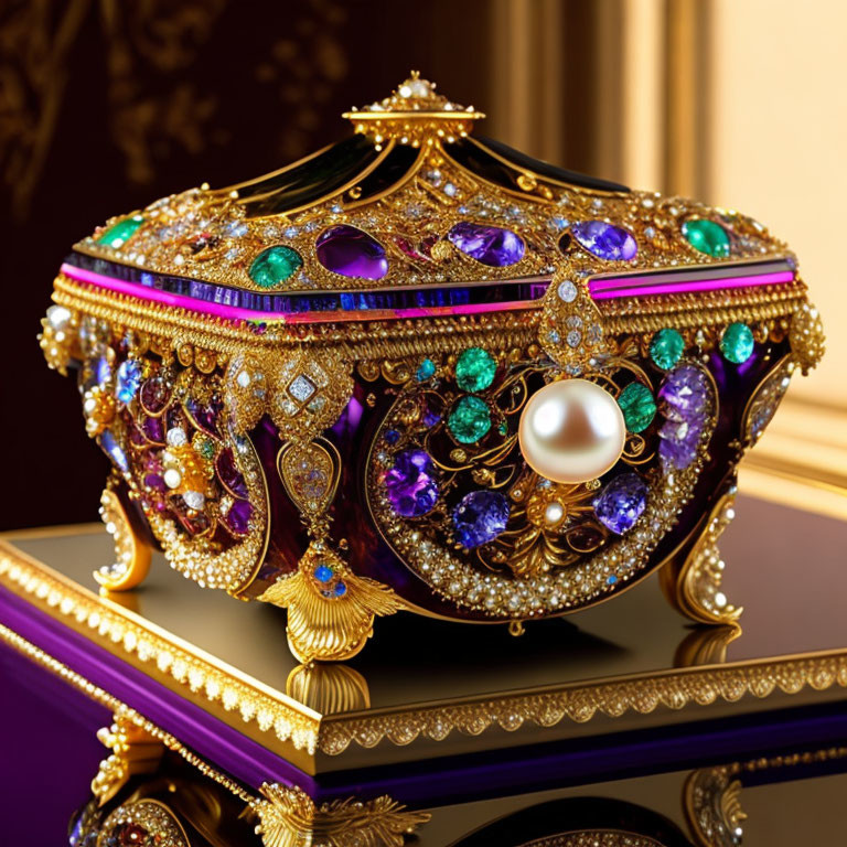 Luxurious jewel-encrusted gold-trimmed casket with pearls, emeralds,