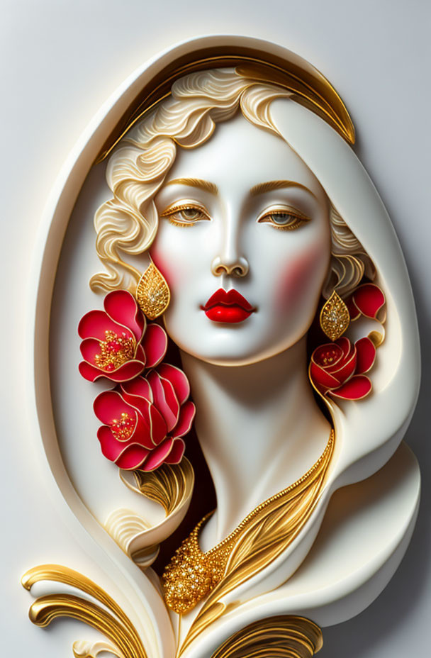 Golden-haired woman with red lips, earrings, framed by stylized flowers in 3D effect