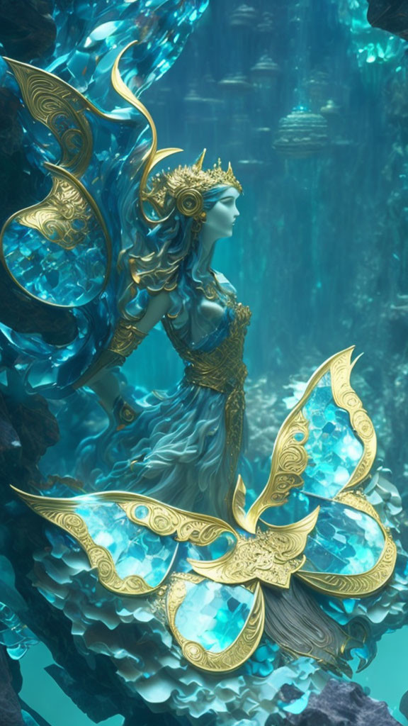 Majestic mermaid queen with gold and blue tail poses gracefully underwater