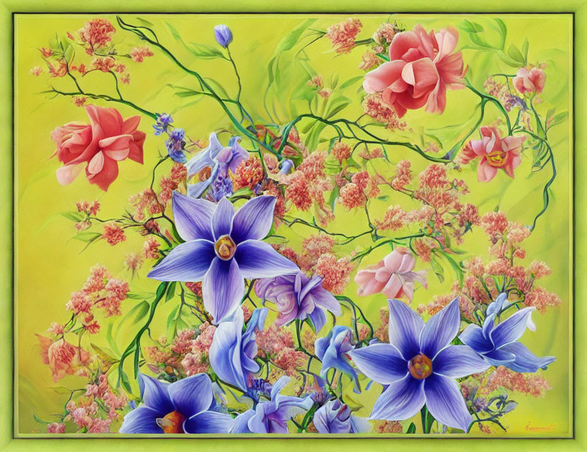 Colorful Flower Painting with Pink and Blue Blossoms on Yellow Background