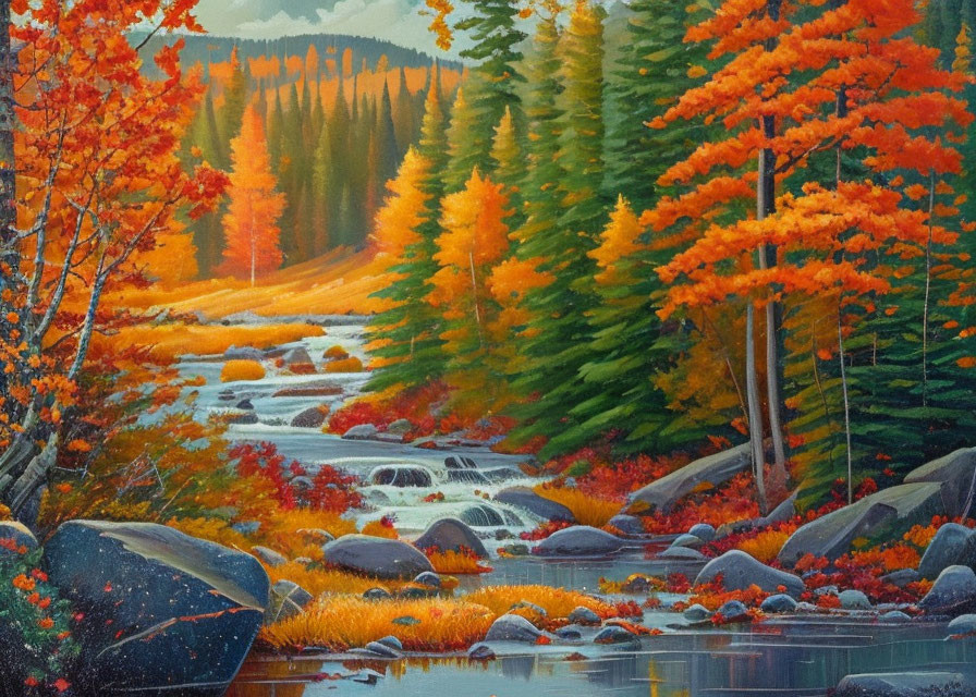 Scenic autumn landscape with babbling brook and colorful forest