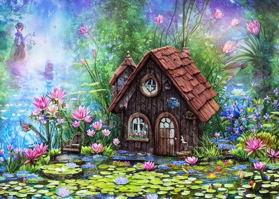 Illustration: Fairy-tale cottage with water lilies and ghostly figure