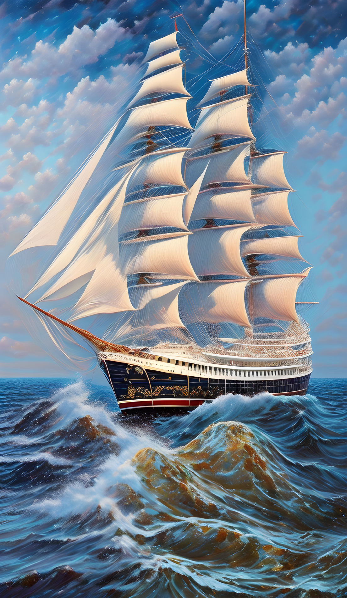 Tall ship with multiple sails on wavy seas under blue sky