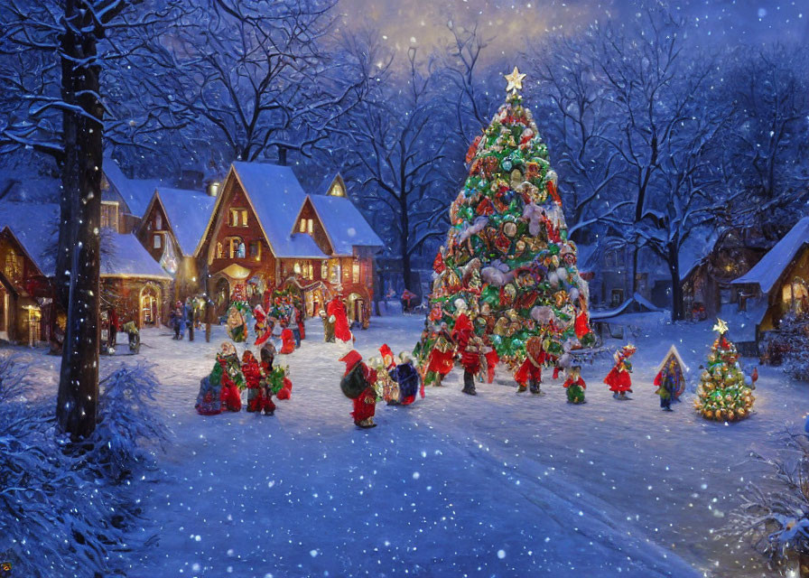 Snowy Christmas Village with People and Lit Tree