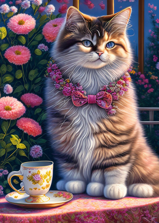 Fluffy long-haired cat with blue eyes and pink bow beside teacup on floral backdrop