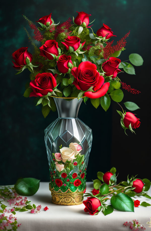 Red and white flowers in crystal vase on dark green background