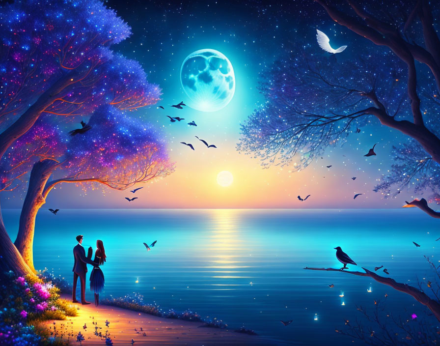 Starry trees, tranquil sea, full moon, birds, sunset to night gradient sky