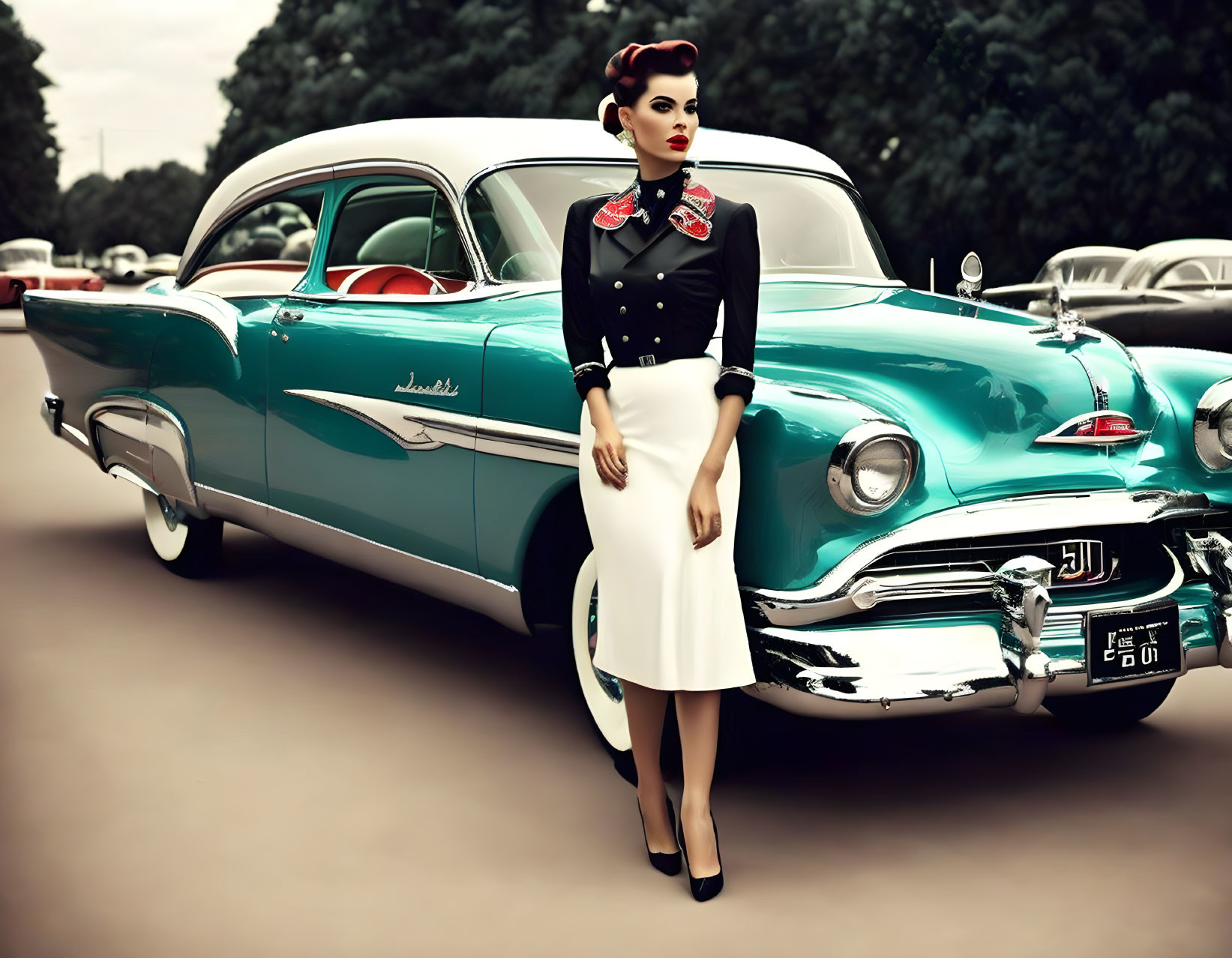 Vintage Fashion Woman Poses with Classic Turquoise Car