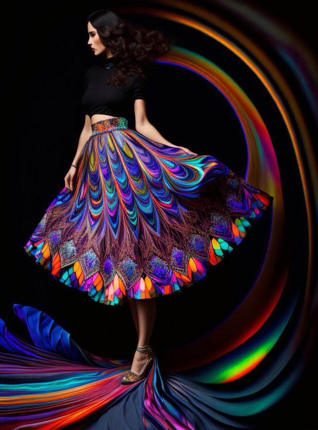 Colorful Woman's Dress with Peacock Feather Design on Dark Background