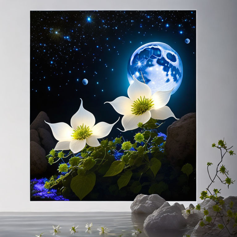 Surreal artwork featuring white flowers in space-like setting