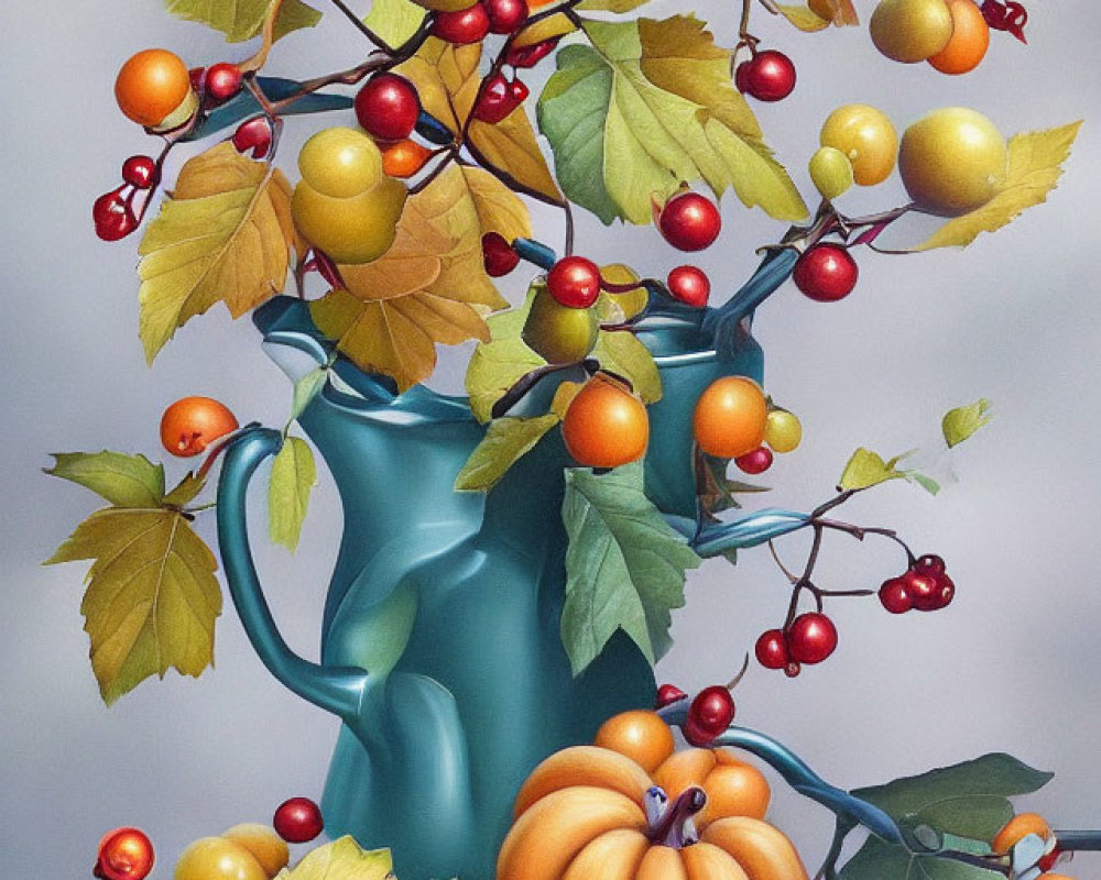 Blue Vase Still-life Painting with Autumn Foliage and Fruit