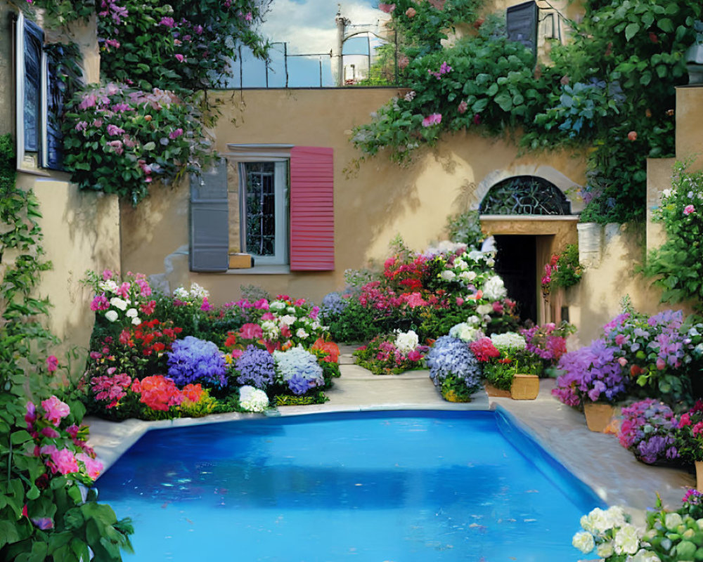 Tranquil courtyard with blue pool, vibrant flowers, climbing vines, and yellow house.