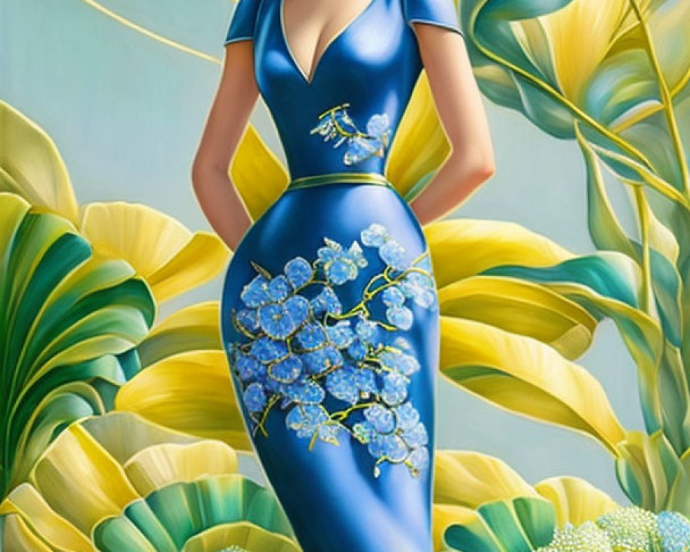 Illustrated woman in blue dress with floral motifs among stylized foliage