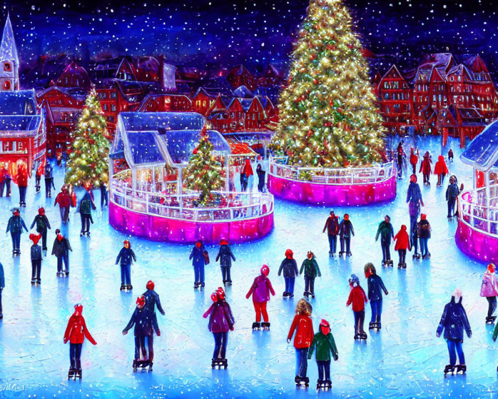 Festive Christmas market with ice skating, illuminated tree, stalls, and snowy background