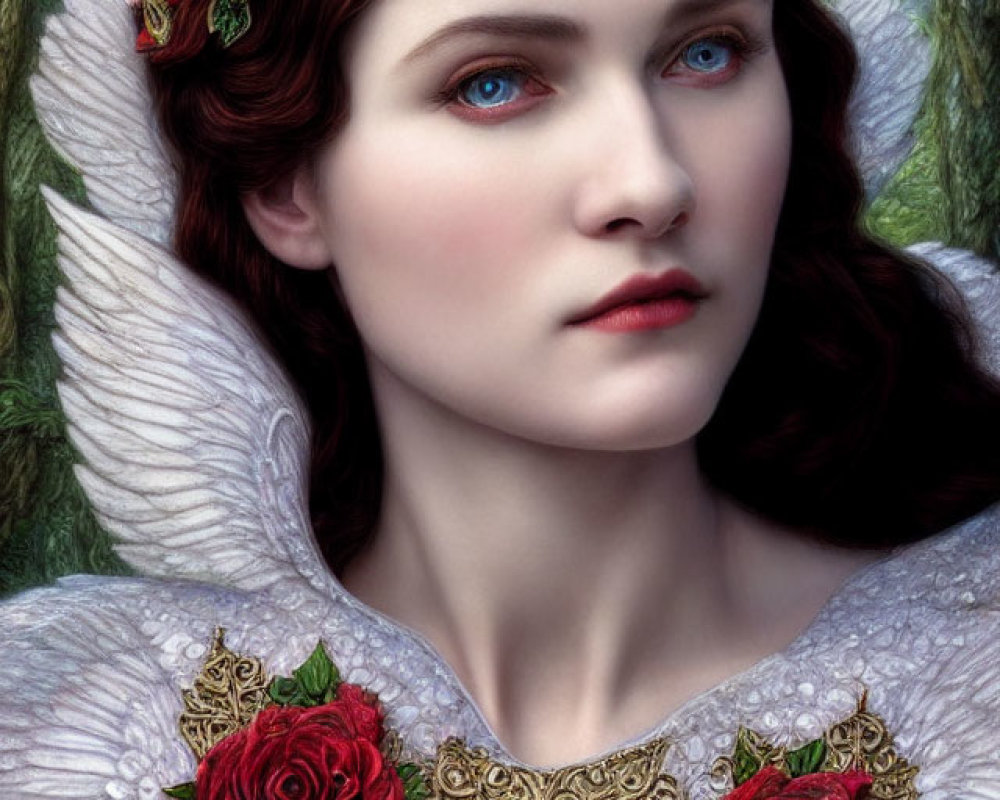 Woman with Angel Wings and Crown of Roses in Forest Setting