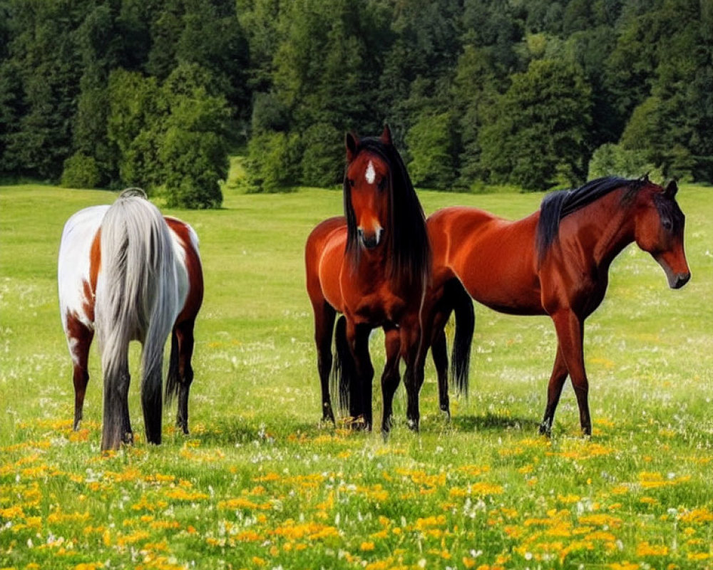Three Horses in Vibrant Green Field with Yellow Flowers