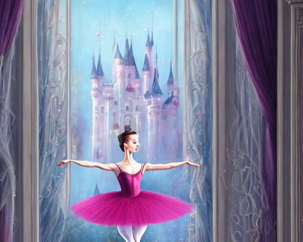 Ballerina in pink tutu on stage with castle backdrop