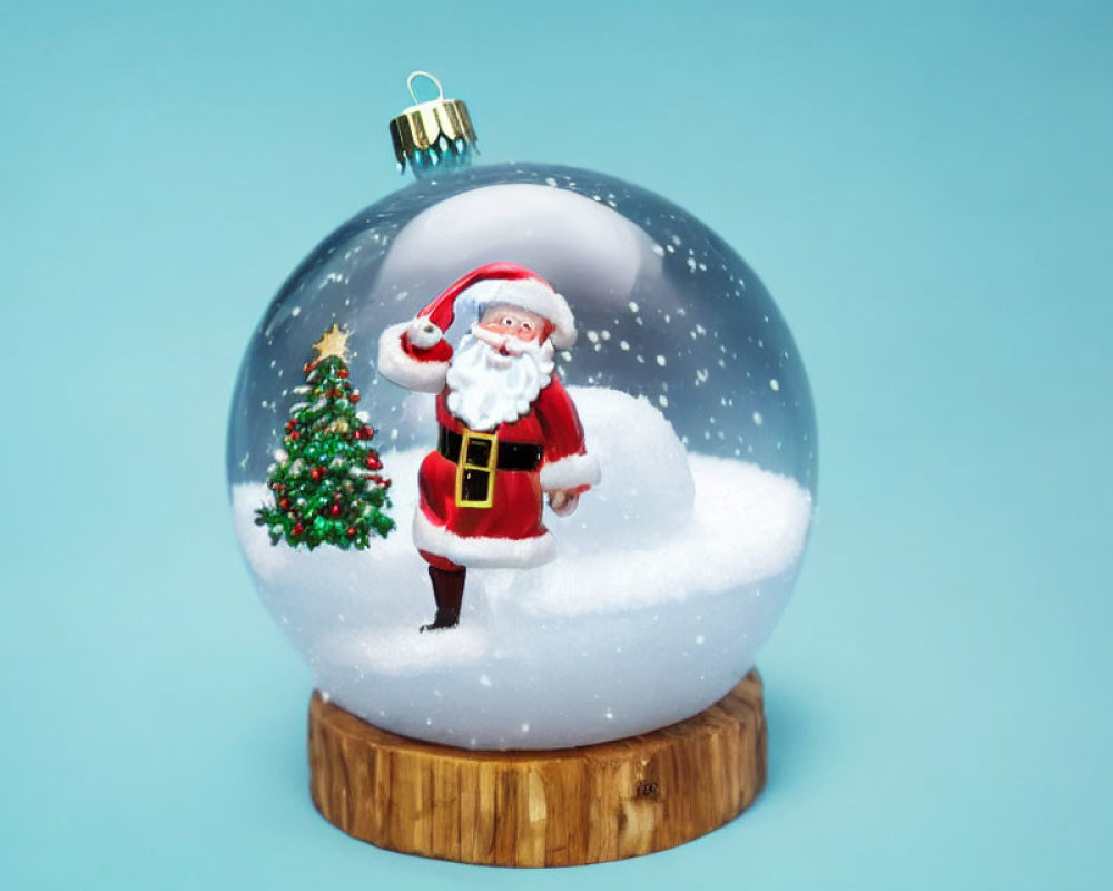 Snow Globe with Santa Claus and Christmas Tree on Blue Background