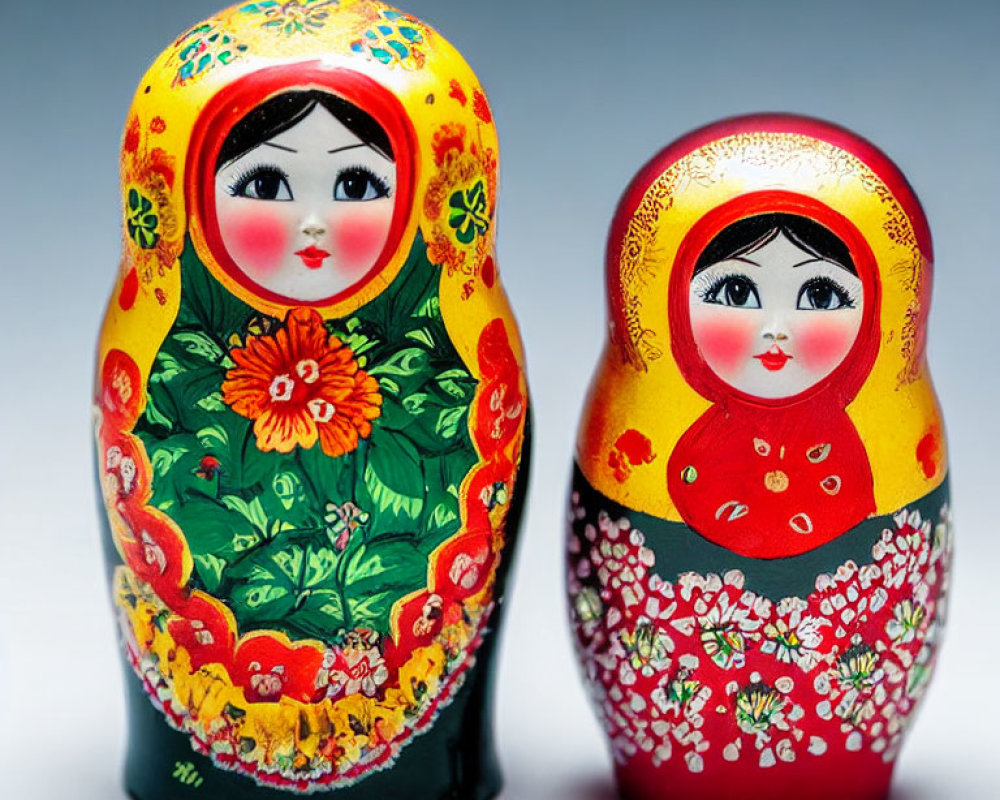 Traditional Russian Matryoshka Dolls with Floral Patterns on Grey Background