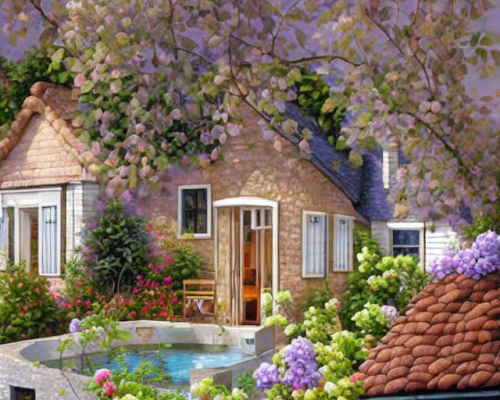 Stone Cottage in Lush Garden under Twilight Sky