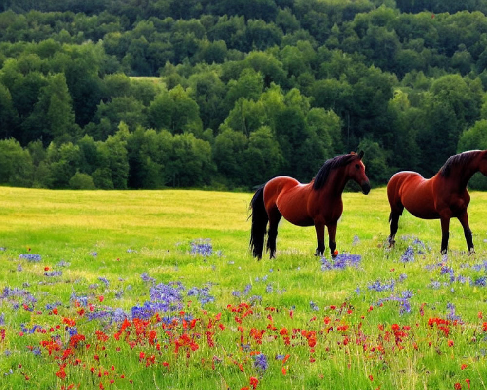 Vibrant green field with two horses and colorful wildflowers