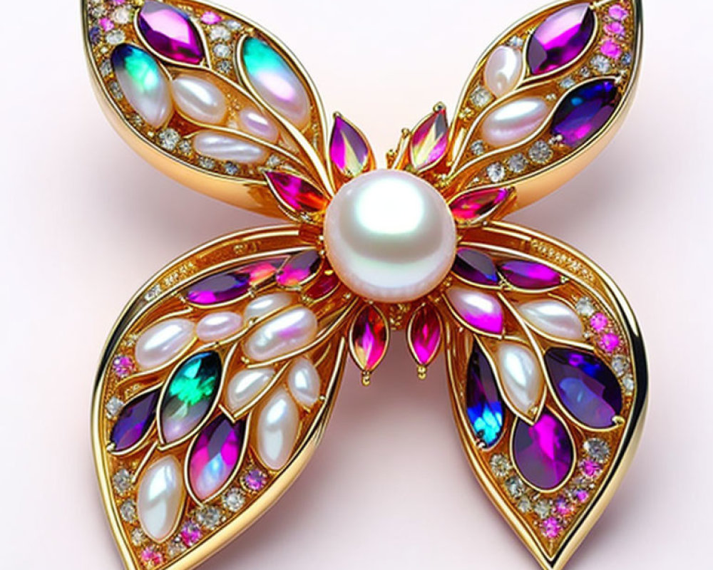 Pearl Centered Gold Petal Brooch with Gemstones and Crystals