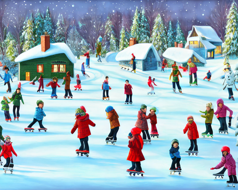 Winter Scene: Ice Skating on Snowy Rink with Snowman