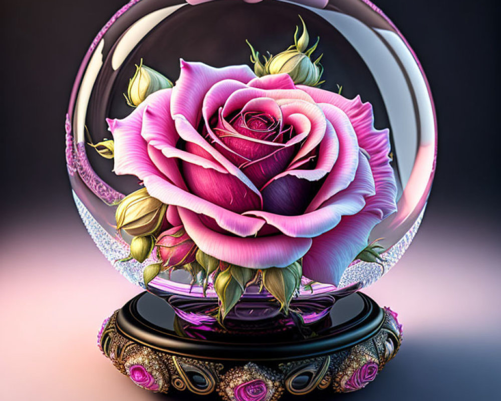 Colorful digital artwork: Pink rose in glass sphere on ornate stand