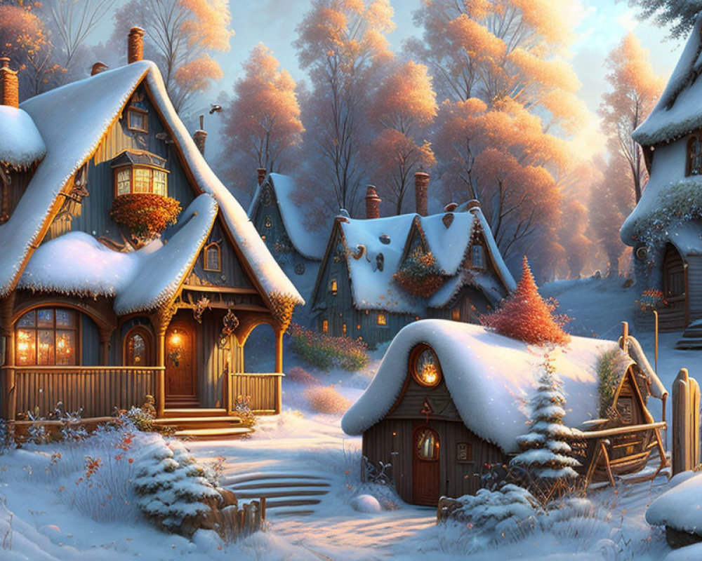 Quaint Village Houses in Snowy Forest at Dusk