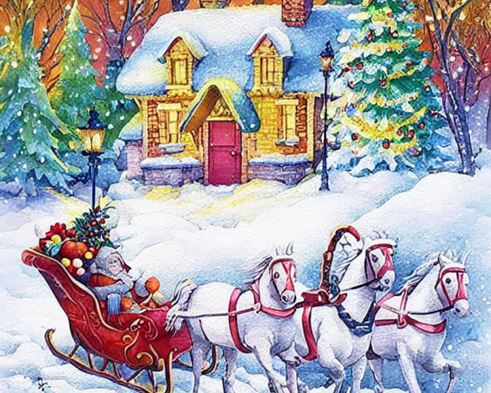 Winter scene with cozy cottage, snowy trees, and horse-drawn sleigh.