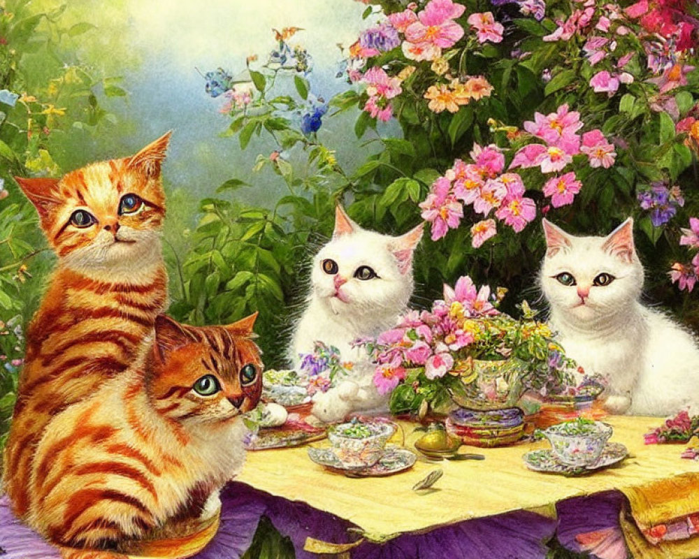 Three Cats Tea Party with Colorful Flowers