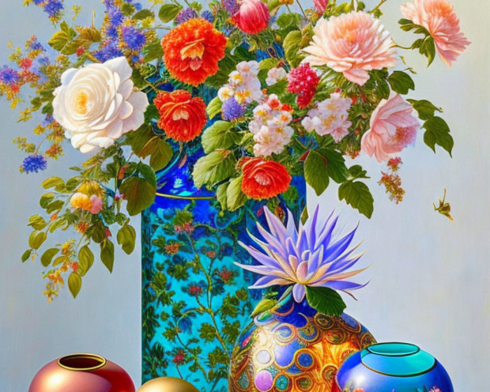 Colorful Flowers in Patterned Vase with Orbs and Bowls