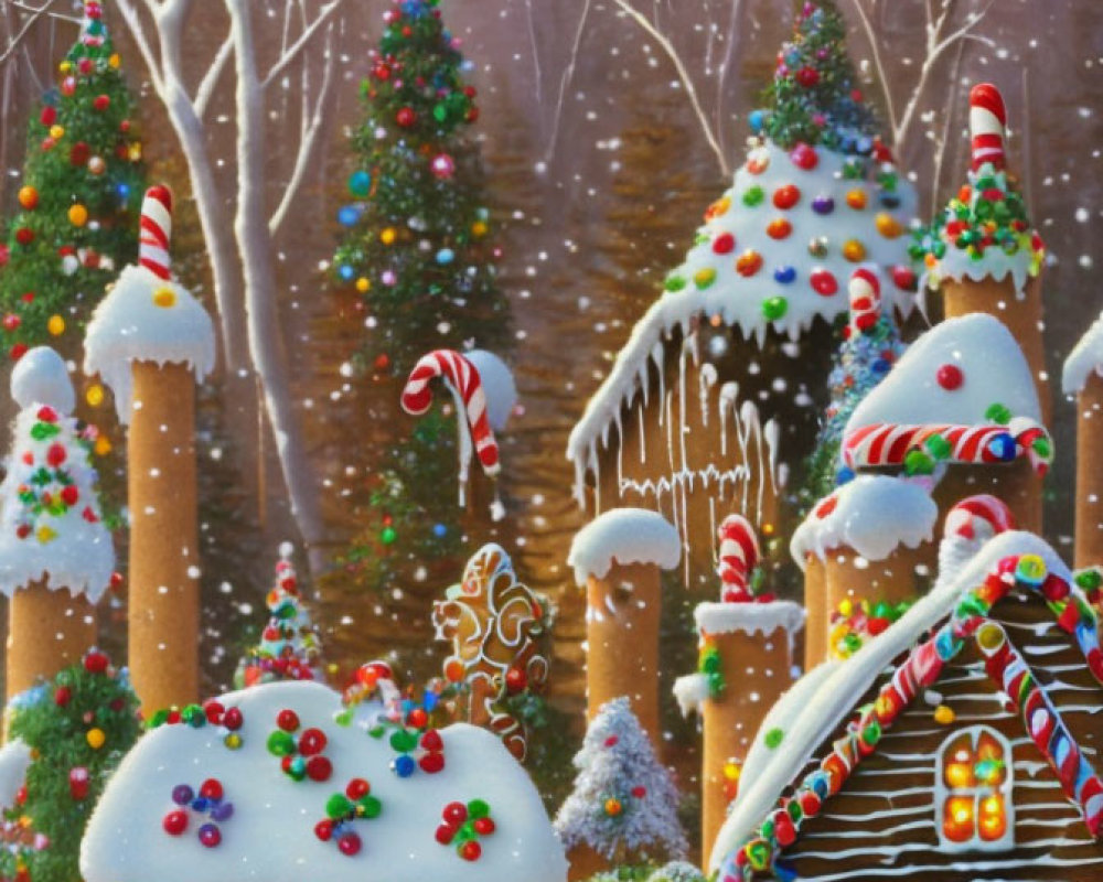 Winter Scene: Gingerbread Houses with Candy Canes and Lights