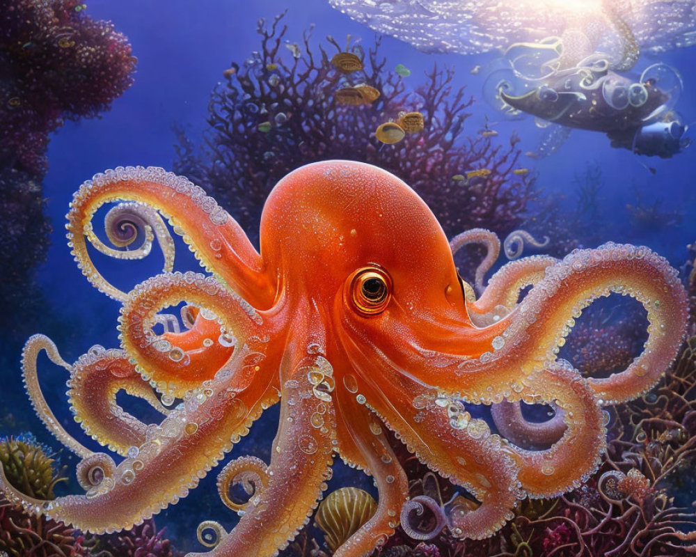 Orange octopus among coral and fish in underwater scene