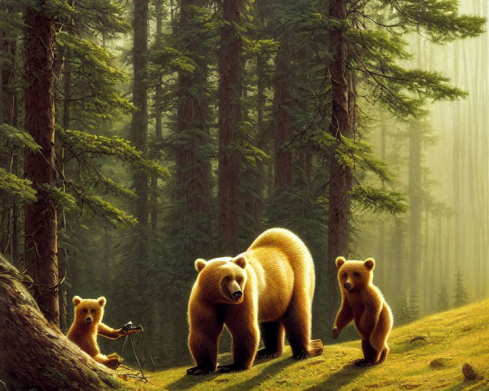 Bear and Two Cubs in Sunlit Forest with Curious Cub and Camera Tripod