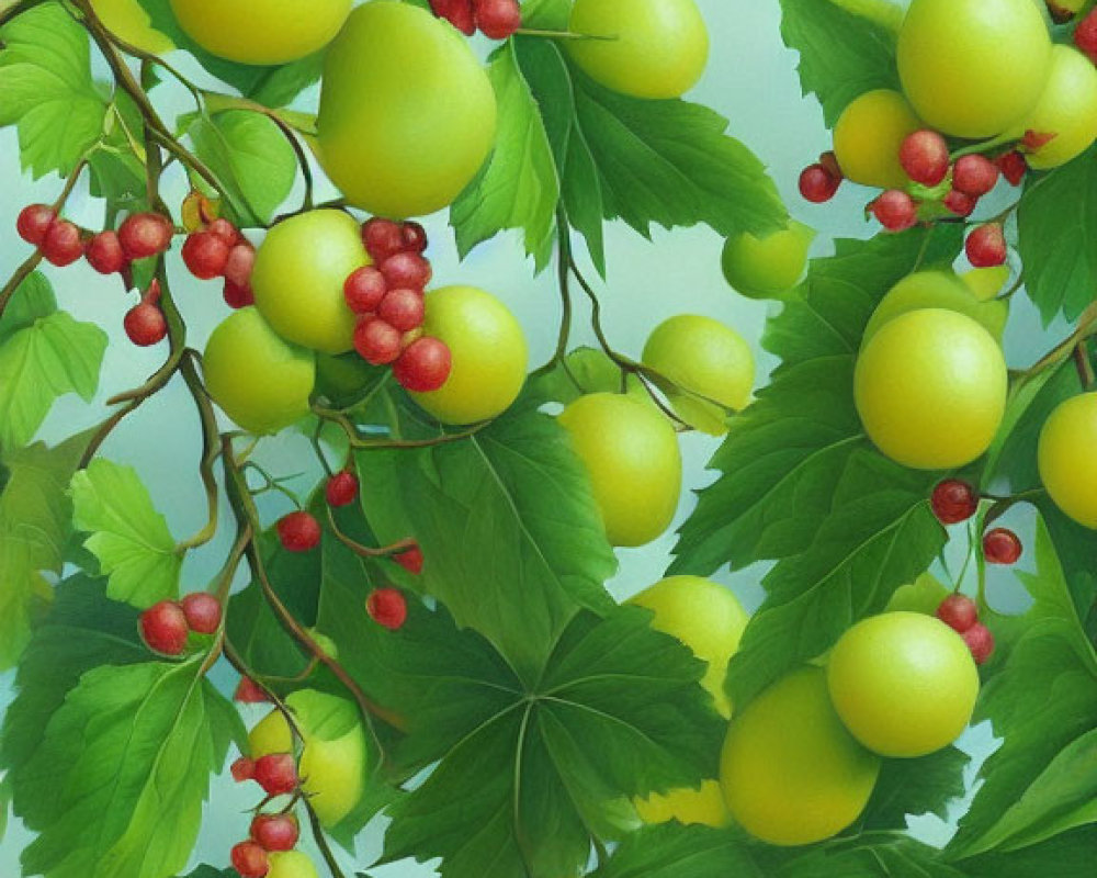 Verdant leaves, yellow fruit, and red berries on green branches.
