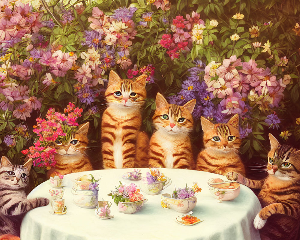 Six cats with floral tea sets in vibrant garden.