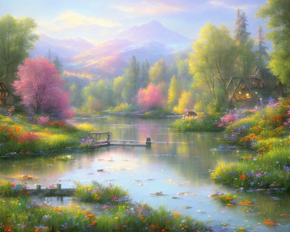 Tranquil landscape with pond, trees, cottages, mountains, flowers, and person