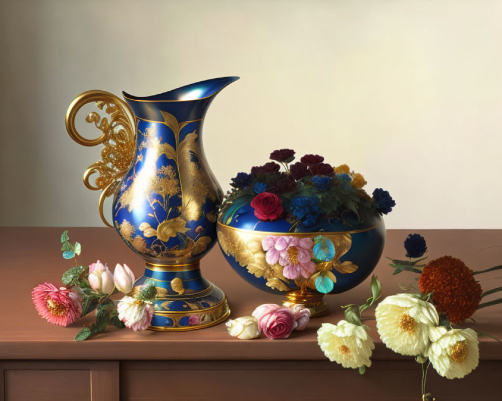 Blue and Gold Vase with Colorful Flowers on Neutral Background