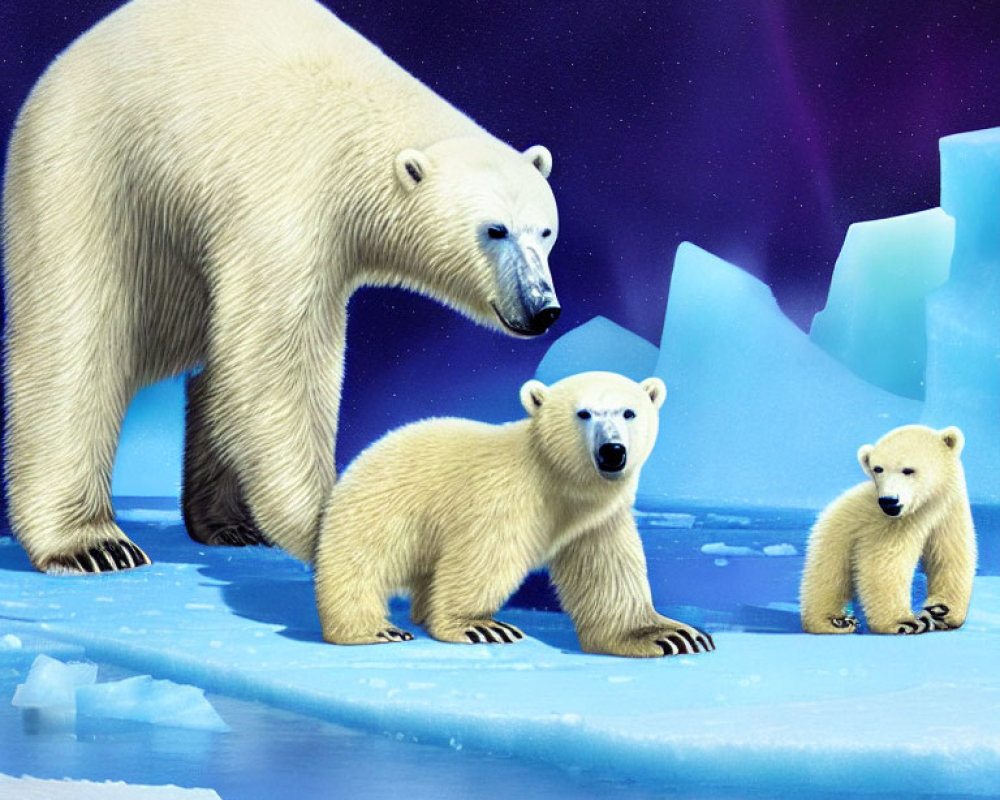 Polar bear family on ice floe under starry sky