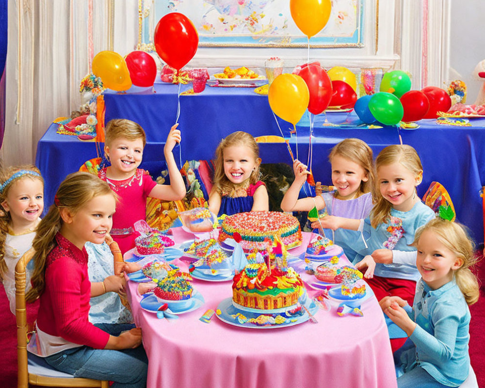 Vibrant birthday party with joyful children & colorful decorations