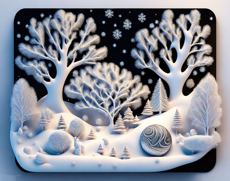 Winter-themed 3D artwork of snow-covered trees and orb under starry sky