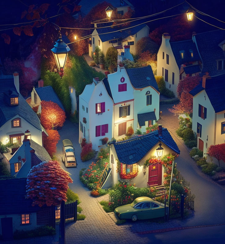 Nighttime village scene with cozy houses, streetlights, foliage, and classic car.