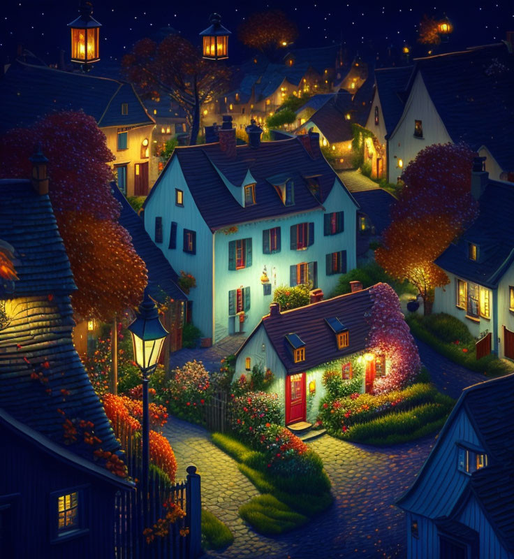 Tranquil night scene of a cozy village with illuminated houses, cobblestone streets, gardens,